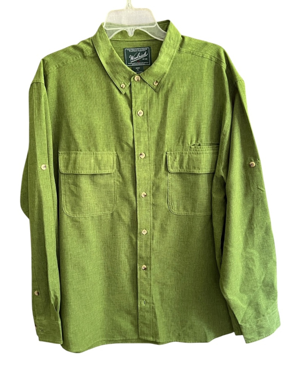 Woolrich Dress Shirt Size XL Button Down Long Sleeve Chest Pockets Pesto Green